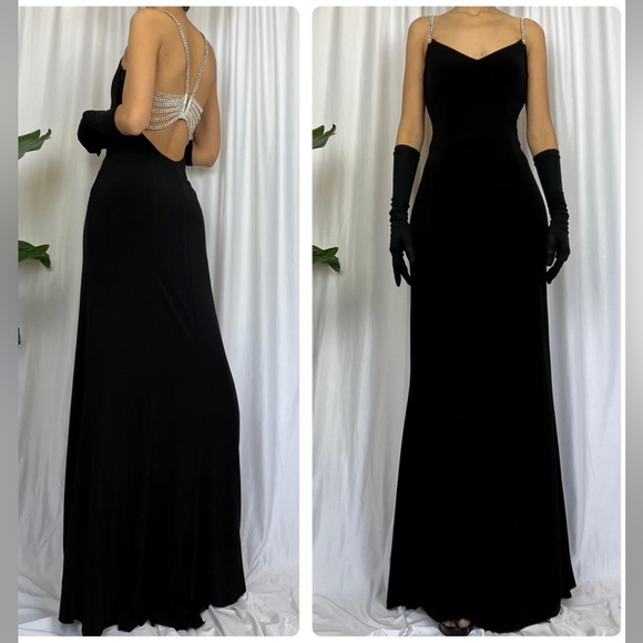 Vintage 90’s Dress Metal Diamond Rhinestone Backless Dress Maxi Black Slip Prom - Picture 7 of 17